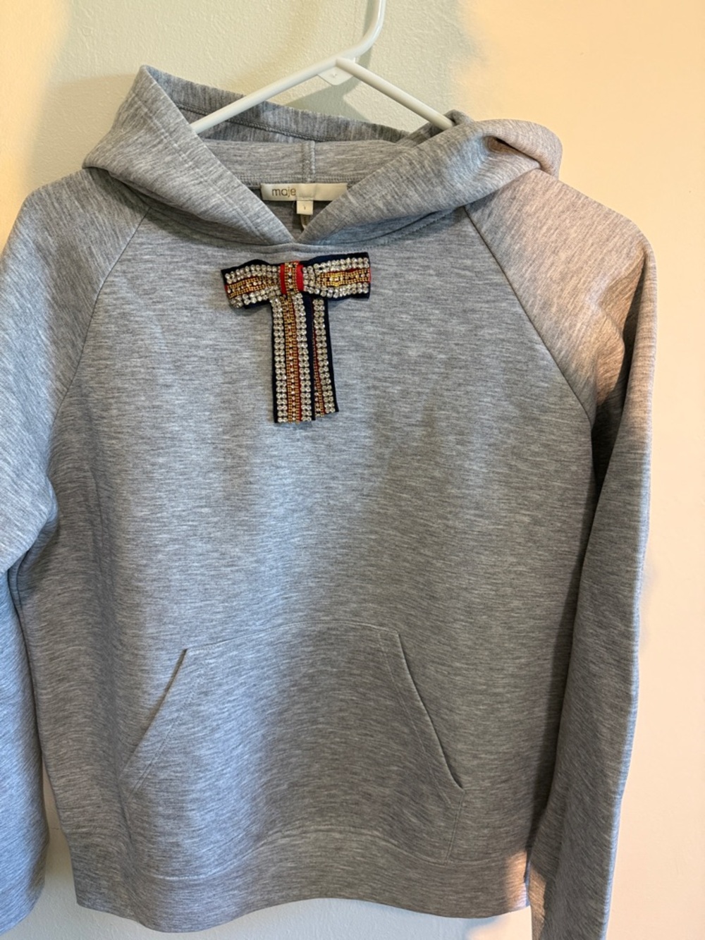 Maje Light Gray Hoodie with Jeweled Bow Appliqué